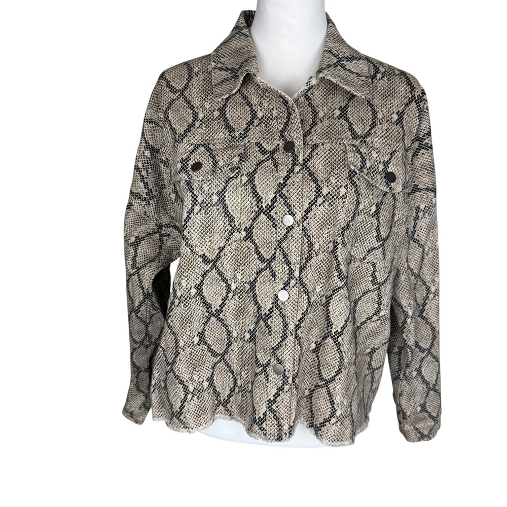 She + Sky Snakeskin Print Snap Front High Low Jacket Grey Tan Medium Coat New